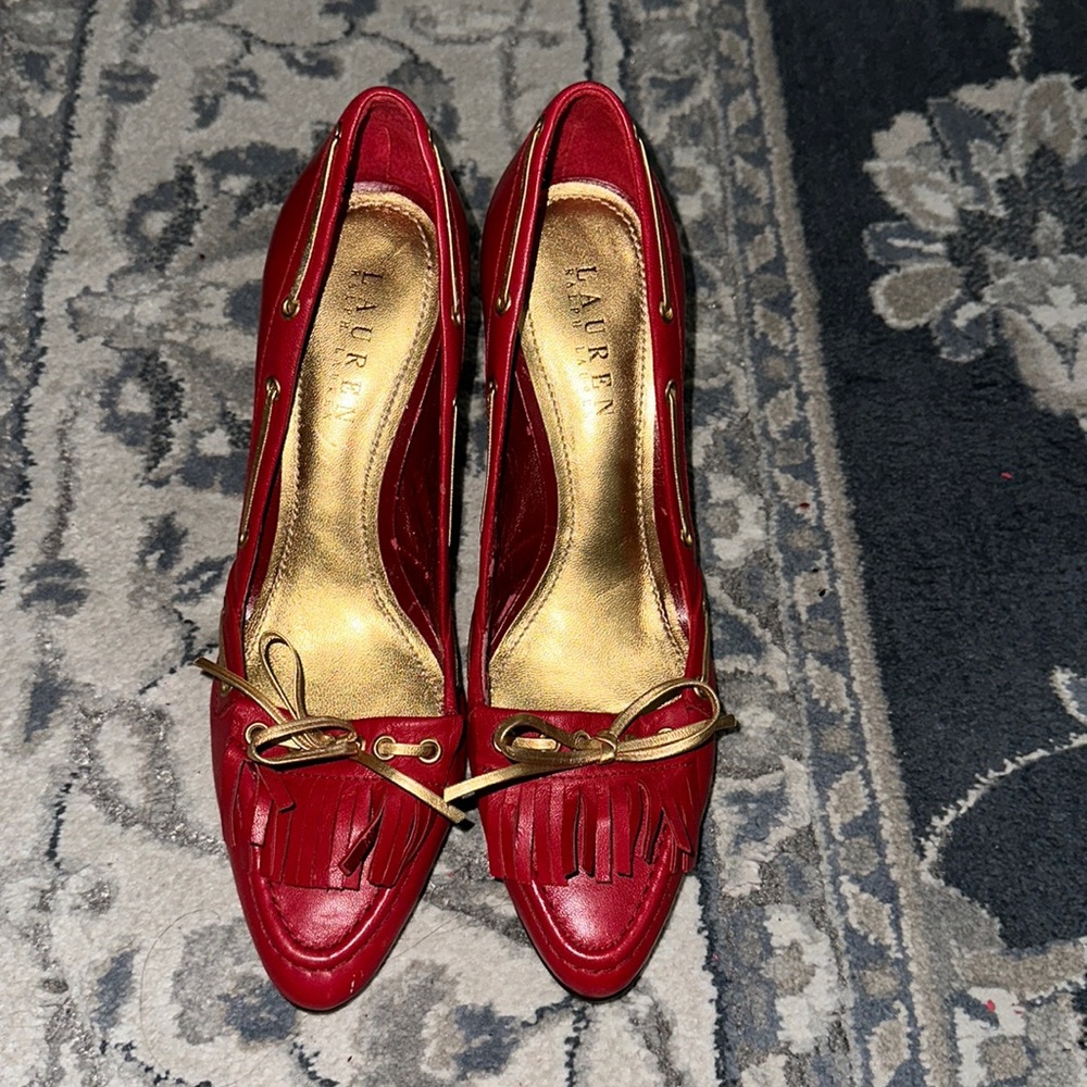 Red heels with gold lace 2” inch heel